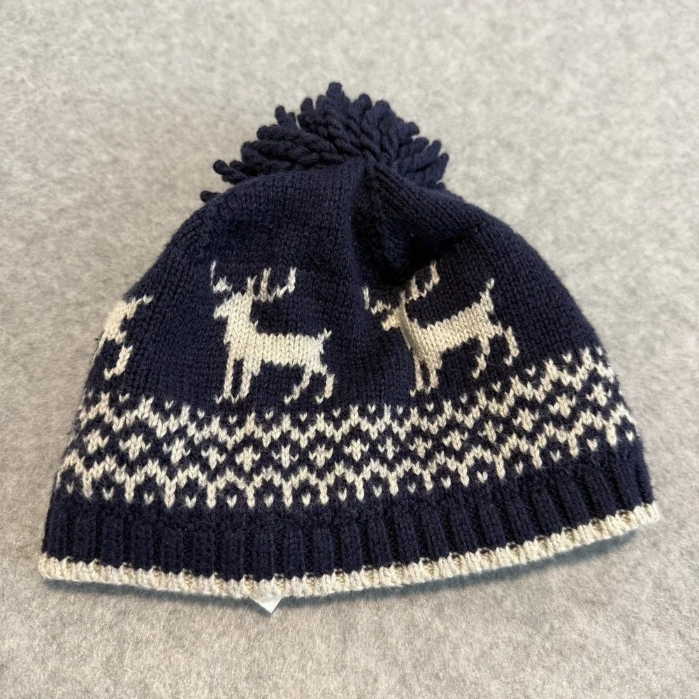 Janie and Jack Navy Blue Reindeer Knit Beanie Hat Pom Pom Holiday Baby Size 3-6M